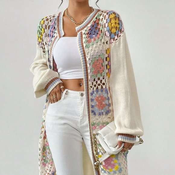 . Sweaters - Multicolor Casual Womens Geo Pattern Drop Shoulder Open Front Cardigan